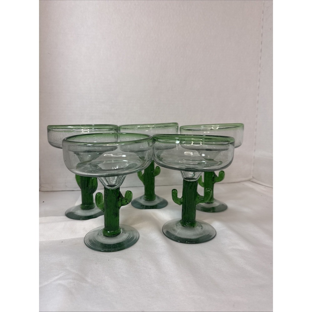 VTG Mexican Handblown Margarita Glass Saguaro Cactus Stem Green Rim Set 5